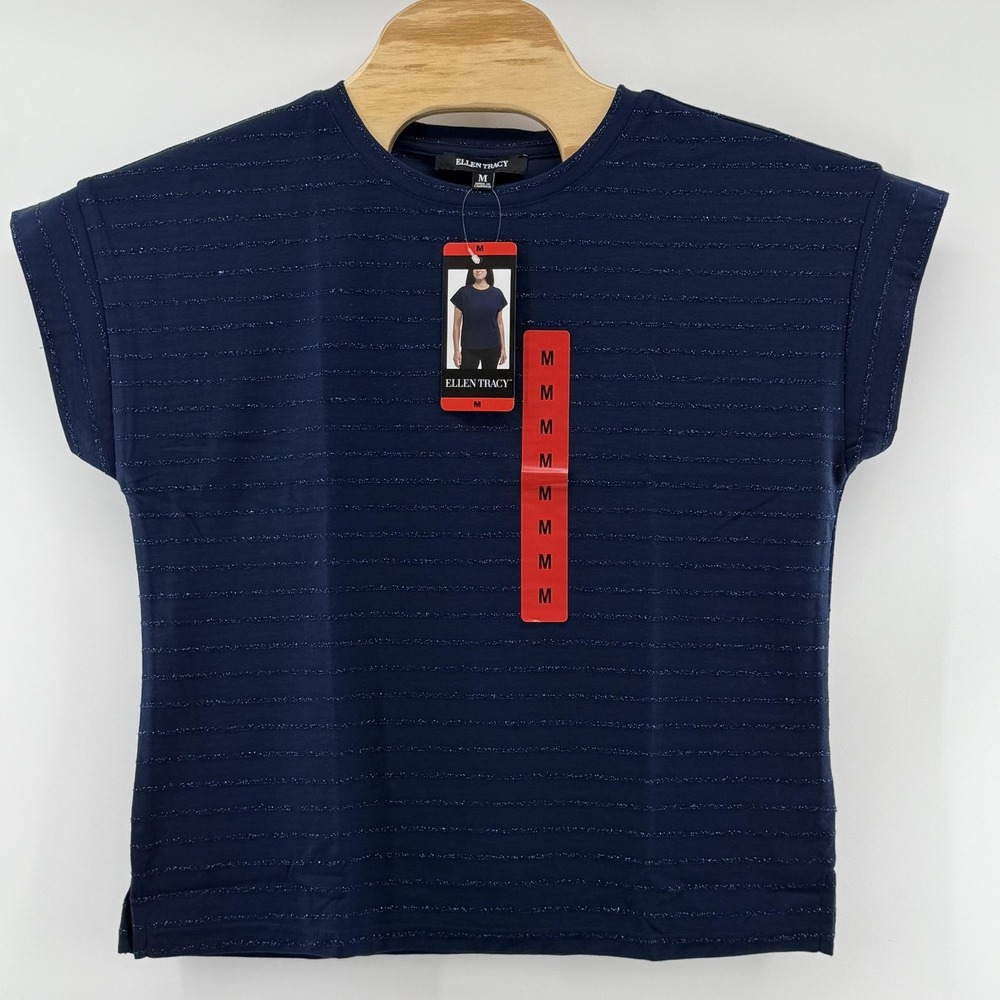 Lightweight‎ Shimmer Stripes Shirt Medium Blue Short Sleeve Stretch Pullover Top